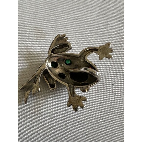 Signed STERLING Silver Marcasite Green Gemstone Frog Toad Pendant B11 - Picture 2 of 5